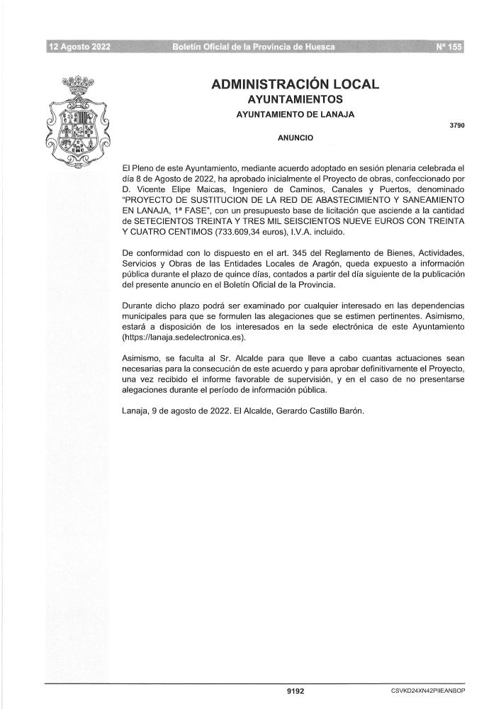 Imagen Anuncio aprobación inicial Proyecto Sustitución Red de Abastecimiento y Saneamiento 1 ª fase